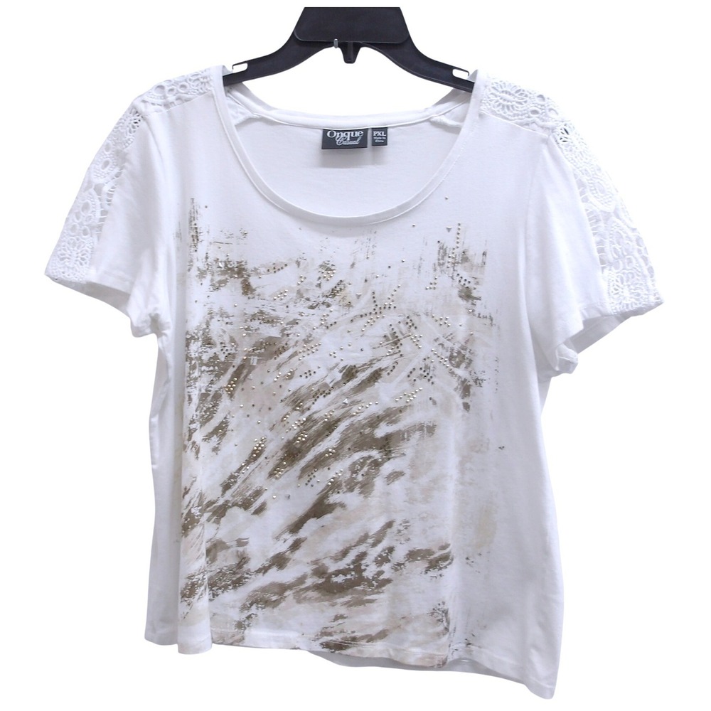Onque Casuals White‎ Lace Sleeve Studded Abstract Graphic Top PXL /#26419